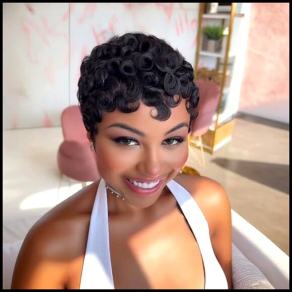 Short Layered Pixie Cut Human Hair Wig With Bangs Curly Glueless